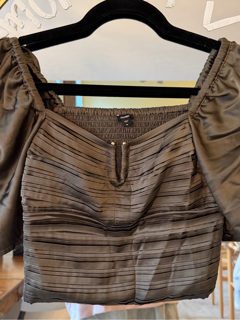 Express Olive Puff Sleeve Square-Neck Crop Top